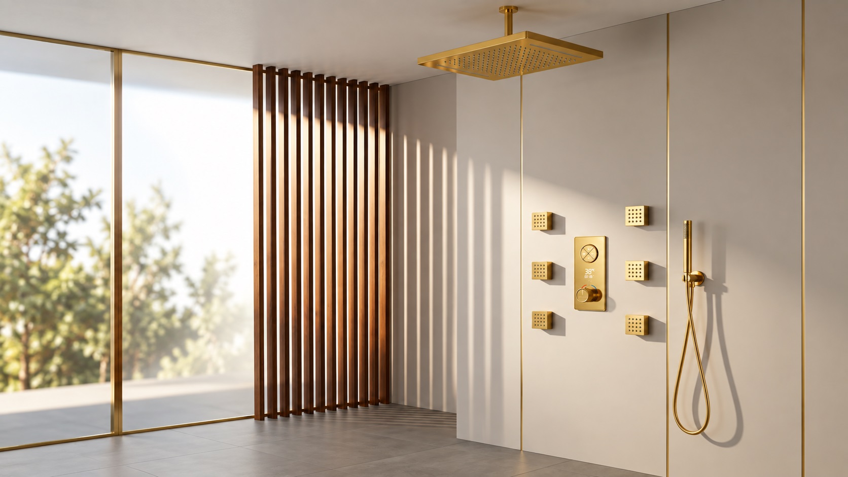 BathSelect brushed gold square ceiling rainfall shower system with nine round body jets and digital control